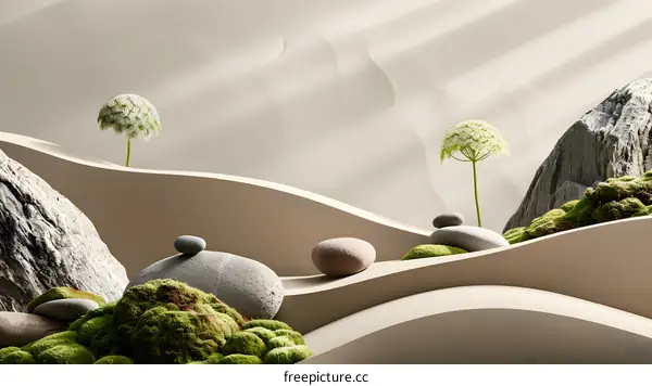 Abstract Minimalist Nature Scene with Stones and Plants