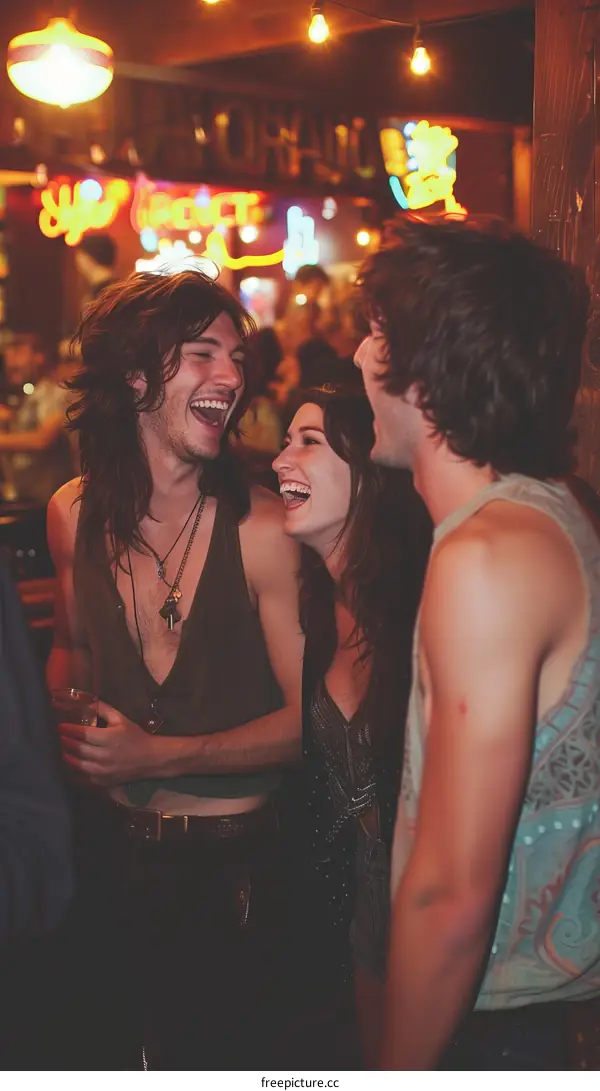 Three friends laughing together in a bar