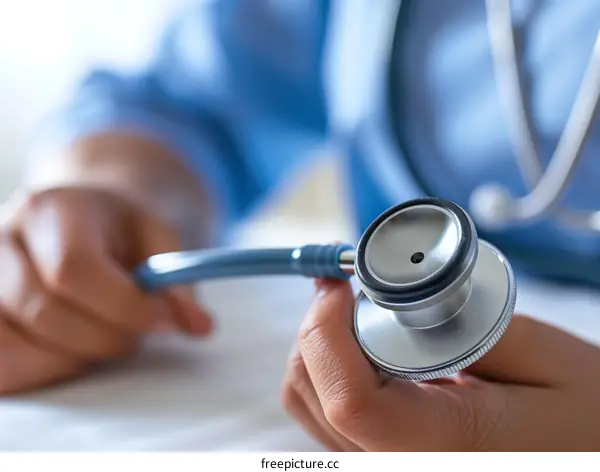 A doctor in a blue coat is holding a stethoscope in his hand