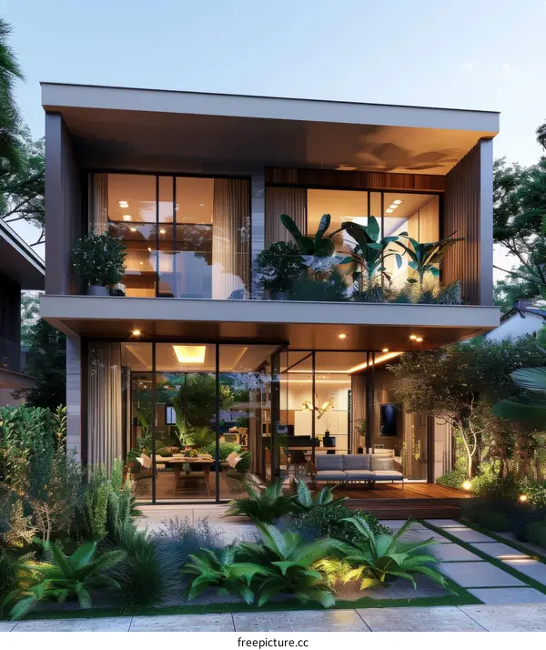 A visualization of a modern house with a lot of plants around it