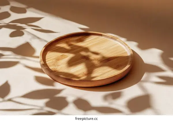 Natural Wooden Plate with Leaf Shadows