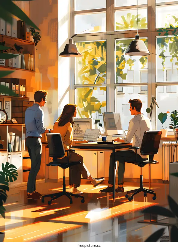 Three business people in an office looking at a computer screen