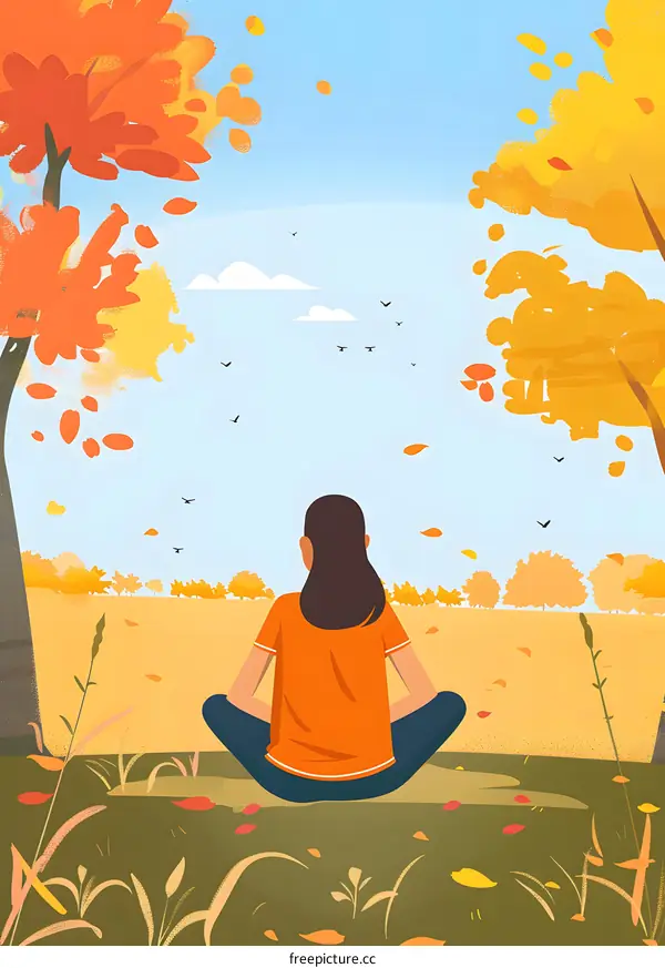 Woman Sitting in Nature During Autumn with Fallen Leaves