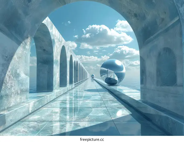 Futuristic Ice Palace Corridor with Sphere