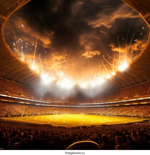 A soccer game is played in a large stadium in front of a big crowd of fans.