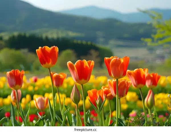 Orange Tulip Flowers In A Field With A Mountain View
