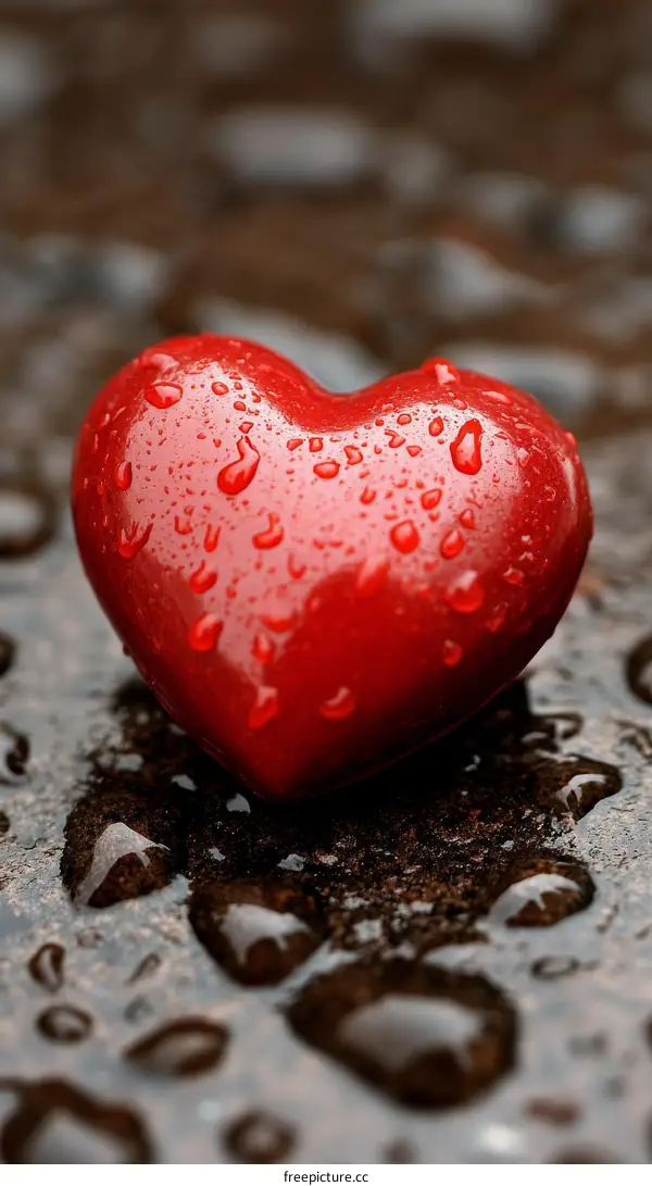 Red Heart with Water Droplets on Dark Surface