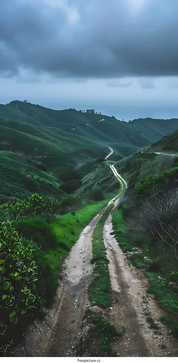 Dirt Road Through Green Hills Under Cloudy Sky