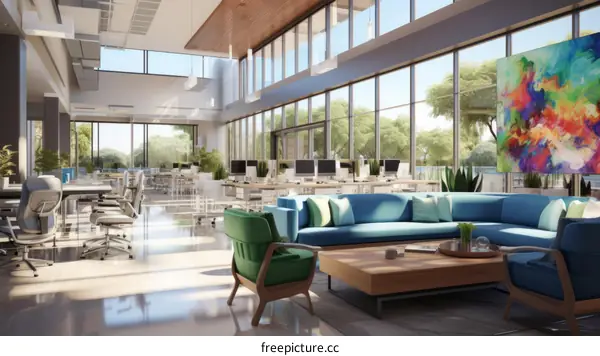 Modern office interior with large windows, green plants, and a blue sofa