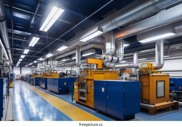 Modern Interior of Large Industrial Building with Yellow and Blue Machinery