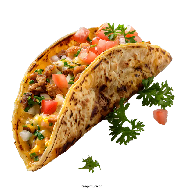 [Transparent Background PNG]Close Up Of A Taco With Meat, Cheese, Tomatoes, Onions, And Parsley