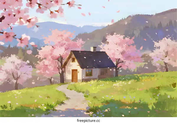 Beautiful Spring Scene with Cherry Blossom Trees and a Cottage