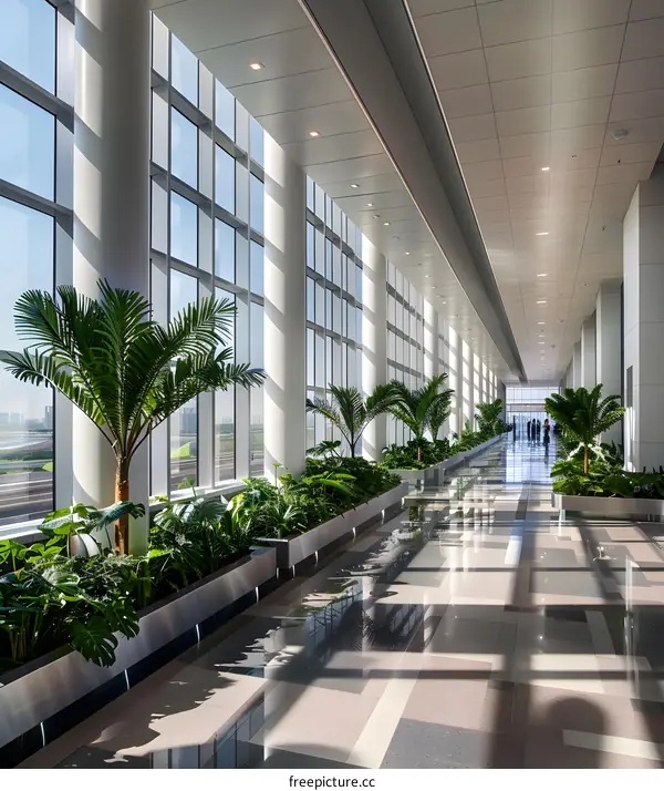 Modern Office Building Interior Hallway with Glass Windows and Palm Trees