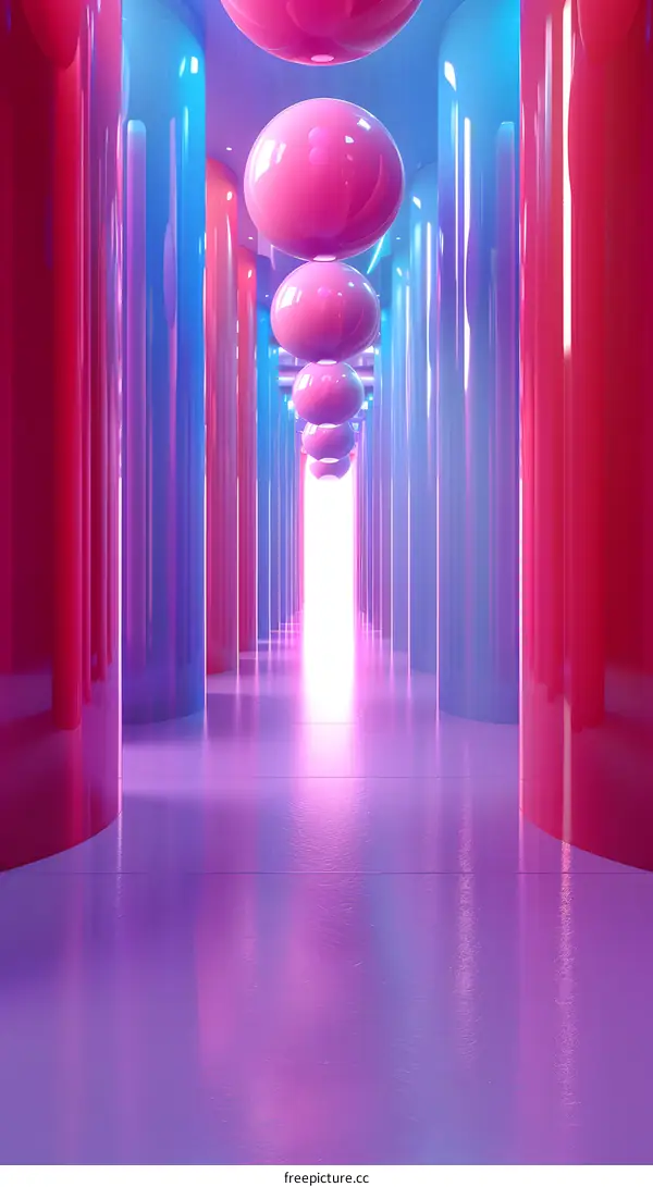 Futuristic Corridor with Colorful Lights and Pink Spheres
