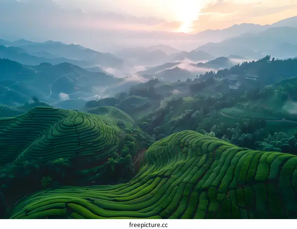An aerial view of a lush green tea plantation in the morning mist