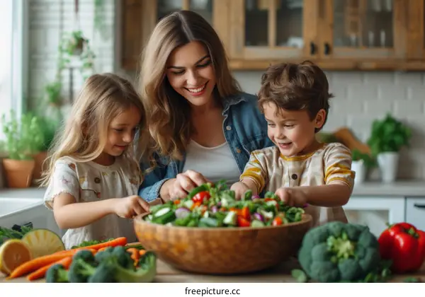 Happy family of three preparing healthy vegetable salad in kitchen