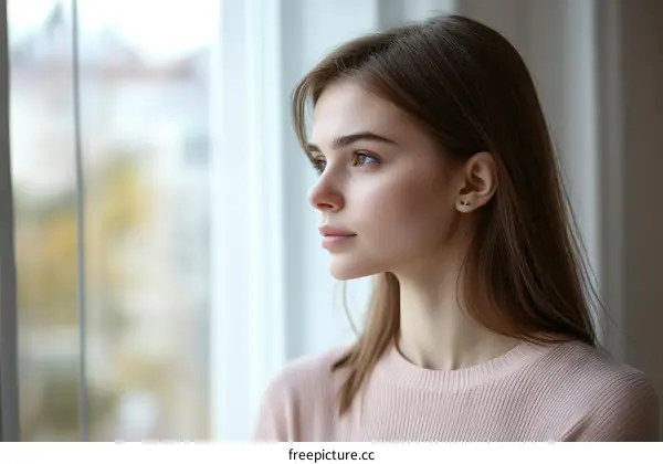 Young Woman Looking Through a Window