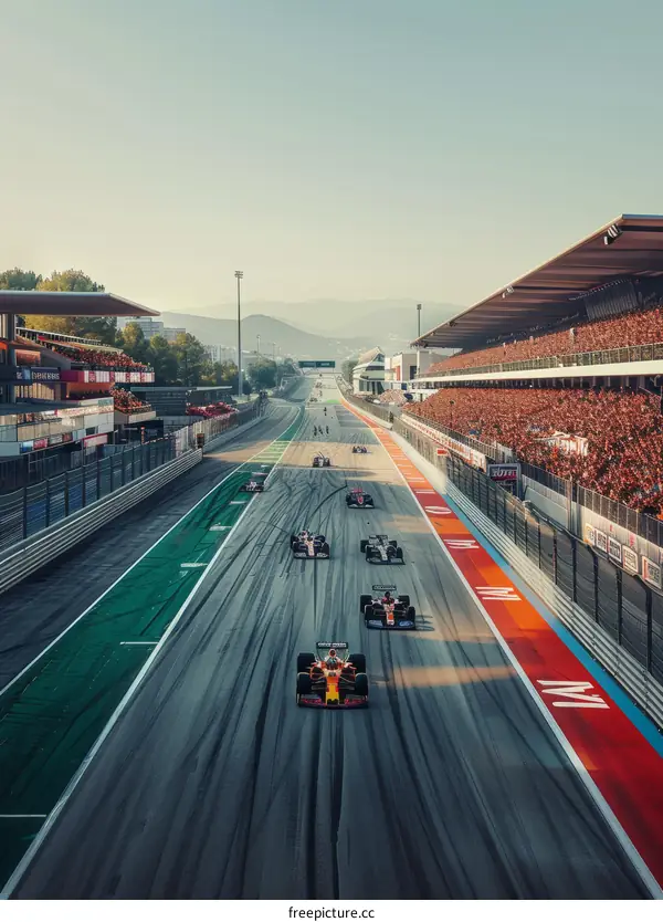 Formula One cars racing on a track