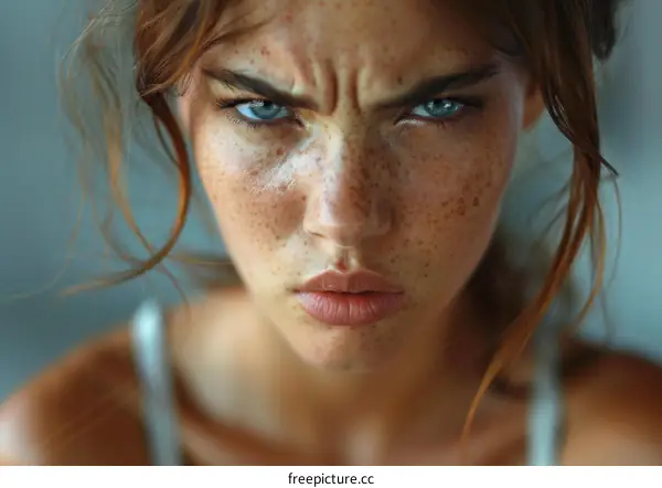Close Up Portrait of a Woman with Freckles and Blue Eyes Frowning