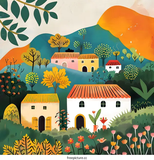 Colorful Houses in a Lush Green Landscape