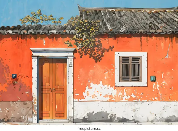 Old Orange Building with Wooden Door and Window