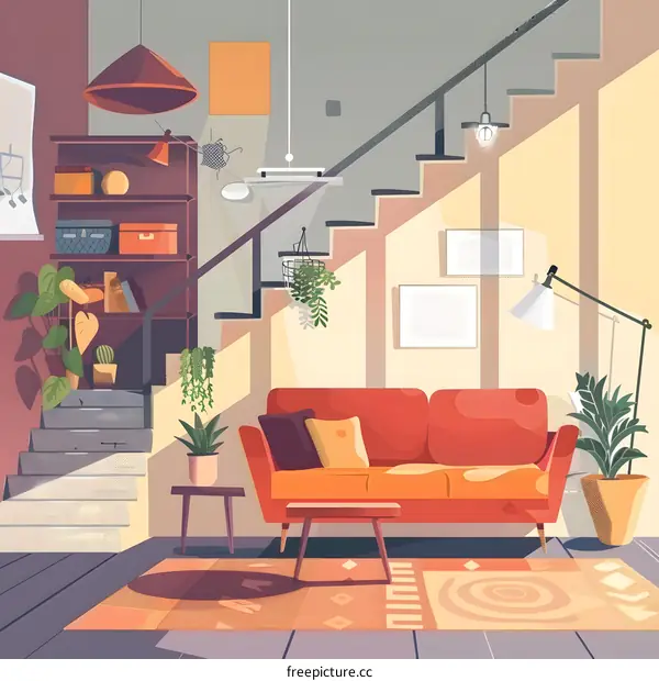 Modern Living Room with Stairs, Sofa and Plants Illustration