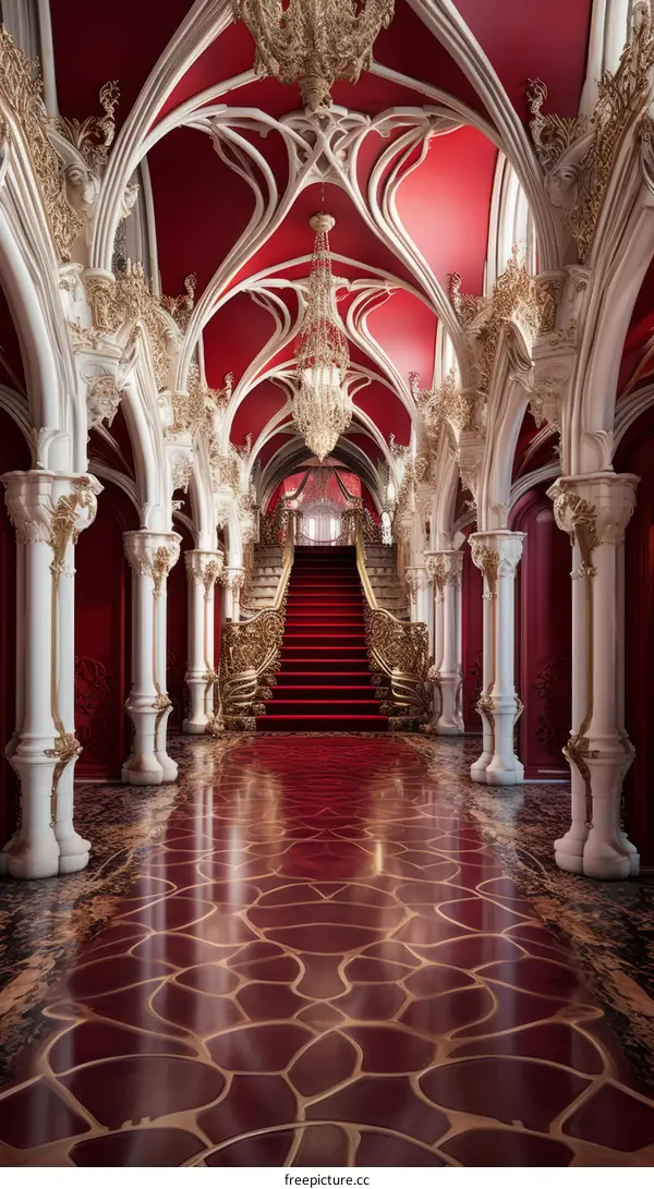 ornate red and white grand hall with marble floor