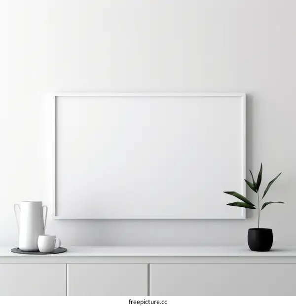 White frame mockup with a plant and a cup on a shelf