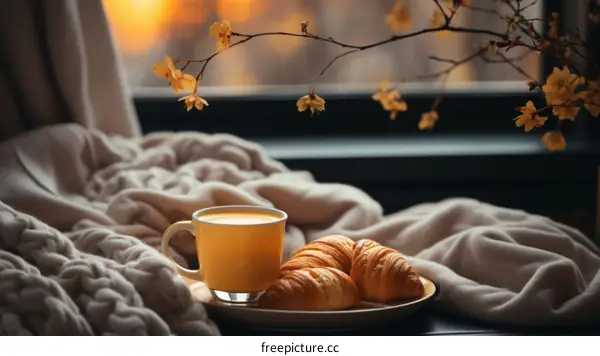 A cup of coffee and croissants on a table near the window