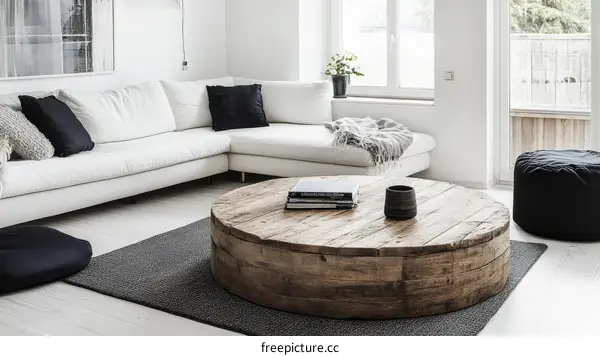 Modern Minimalist Living Room with Rustic Coffee Table