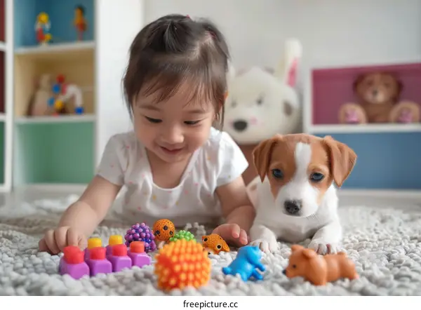 Little girl playing with a puppy