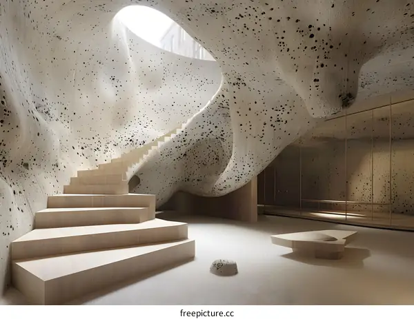 Staircase in a surreal cave-like interior space