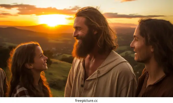 Three people standing in a field at sunset