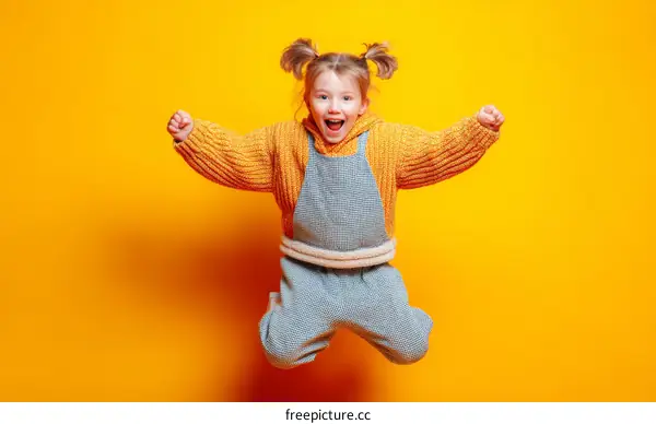 Little Girl Jumping in Yellow Background with Fashionable Outfit