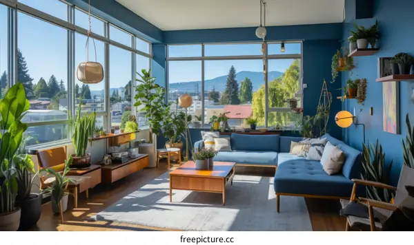 Blue walls living room interior design with large windows