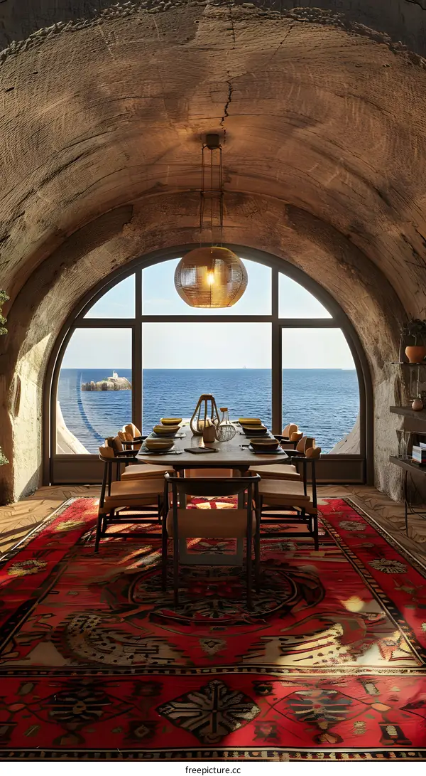 Luxury house interior with big window and sea view