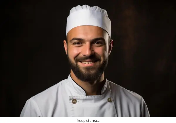 Portrait of a male chef in a white toque smiling at the camera
