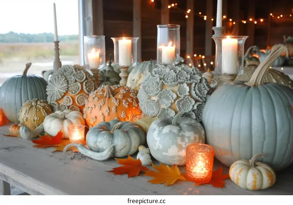 A table decorated with pumpkins, candles, and fall leaves for Thanksgiving.
