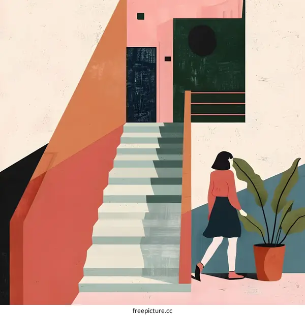 Woman Walking up the Stairs in a Modern Building