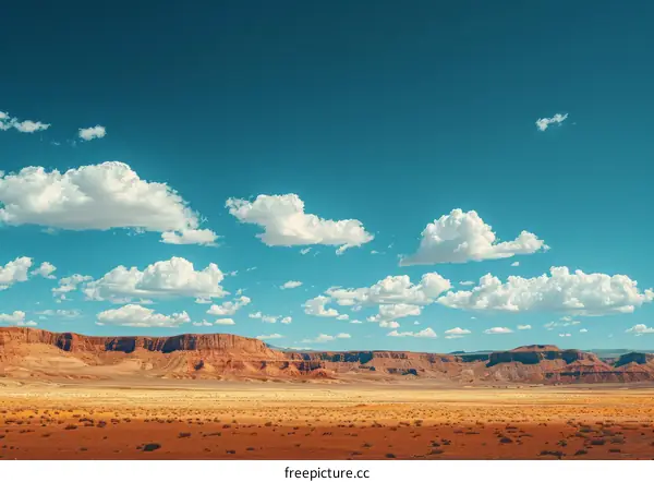 Expansive Desert Landscape Under Blue Sky with White Clouds