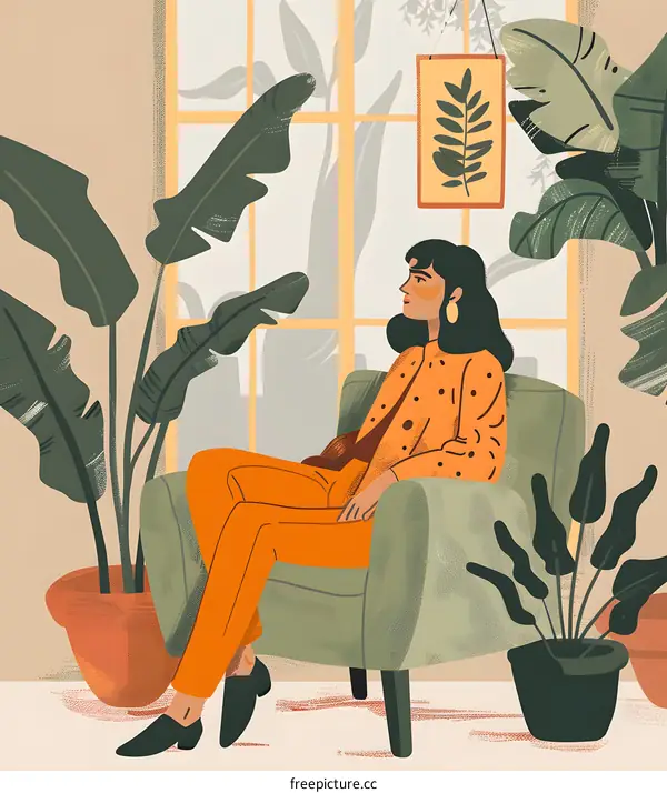 Woman Sitting in Armchair in a Room with Plants