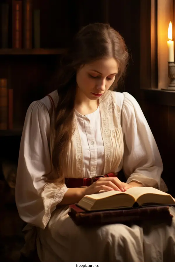 Young woman reading a book by candlelight