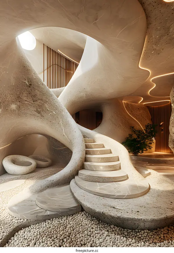 Abstract Stone Interior Design with Curved Staircase