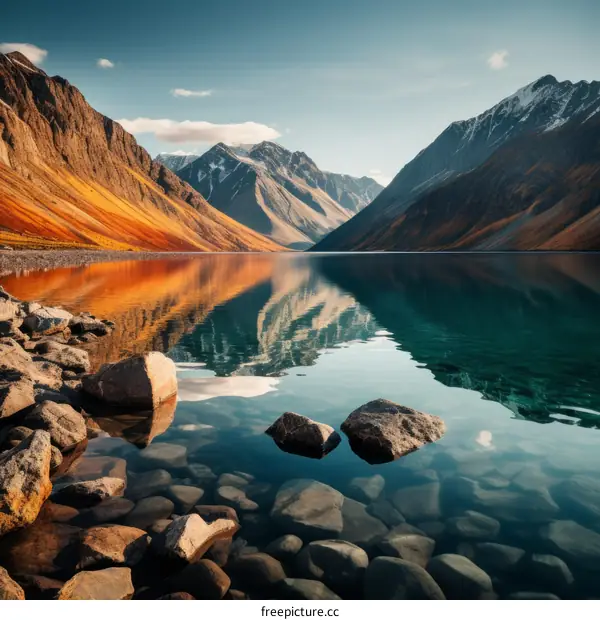 Mountains and lake landscape with colorful rocks and clear water