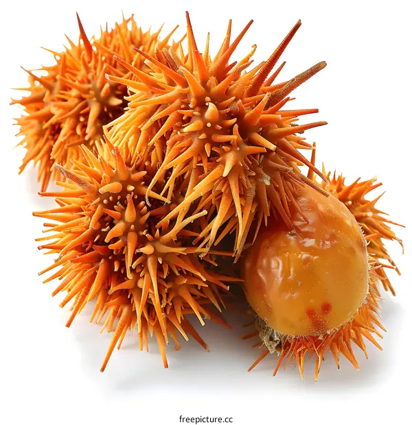 Close up of spiky orange seed pods