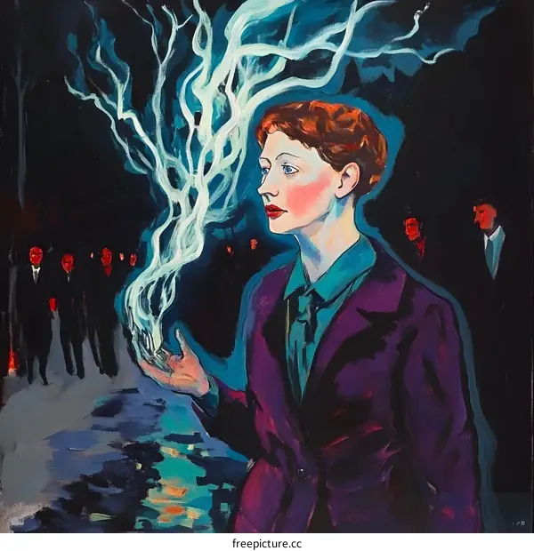 Woman with Light and Men in Suits