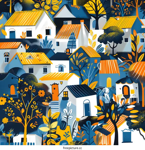 Colorful Illustration of a Village with Houses and Trees