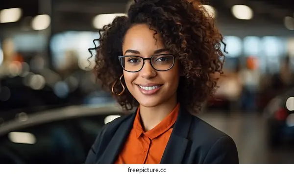 Portrait of a young African-American woman smiling in front of a blurred background of a car dealership.