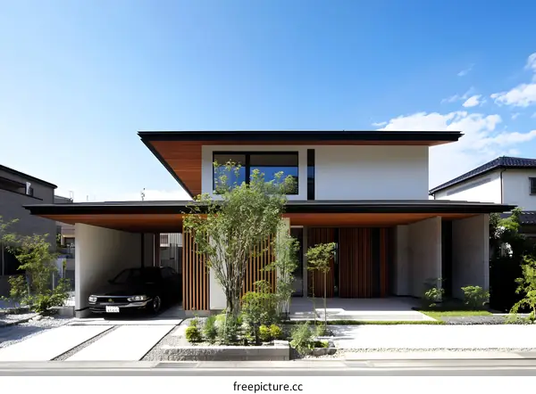 Modern Japanese House with Wooden Facade and Garage