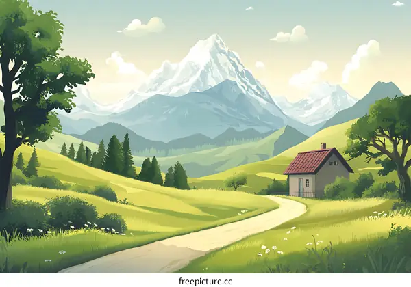 Beautiful Landscape with Mountain and House Illustration